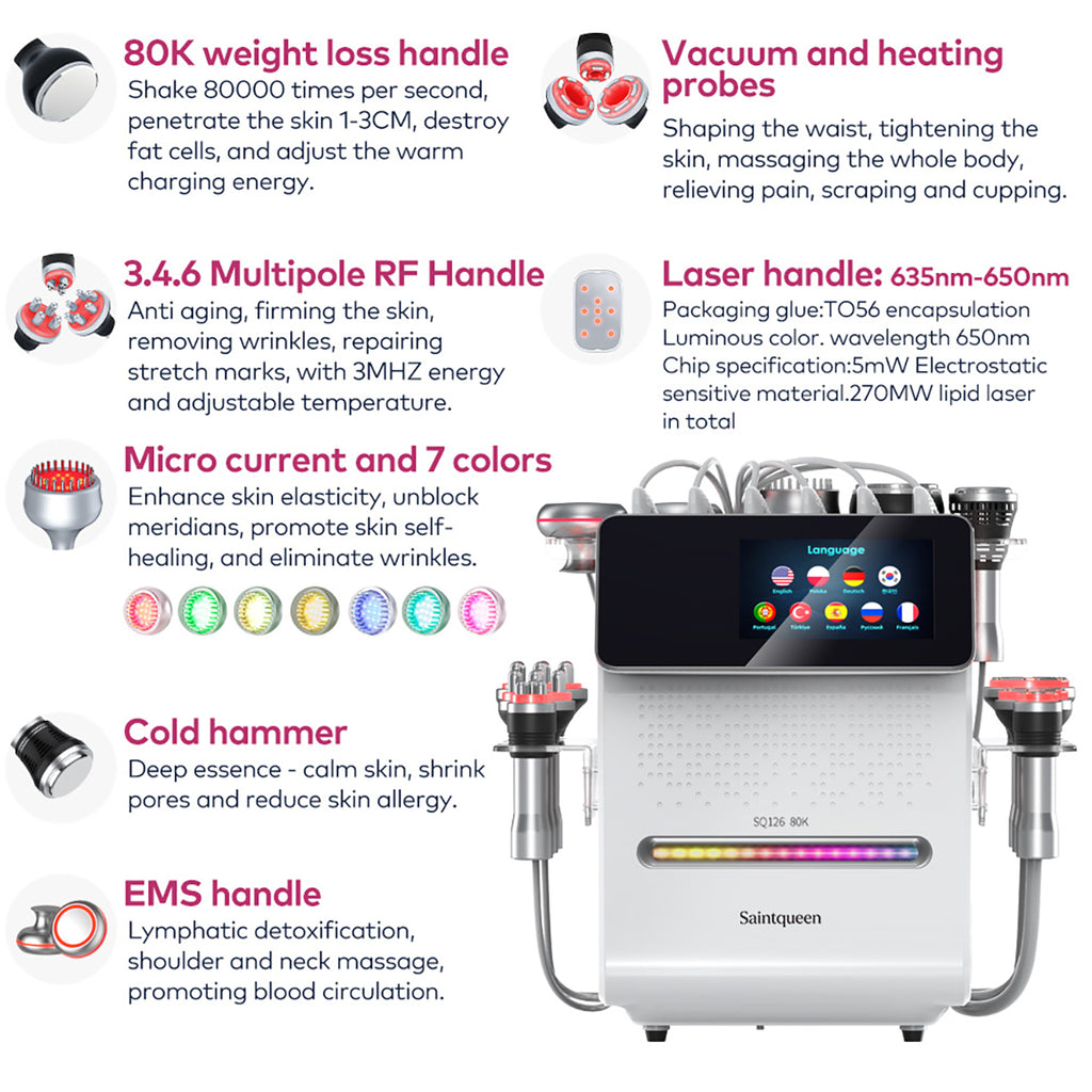 SQ126A Max – 11-i-1 80K kavitasjonsapparat med lipolaser, RF og EMS