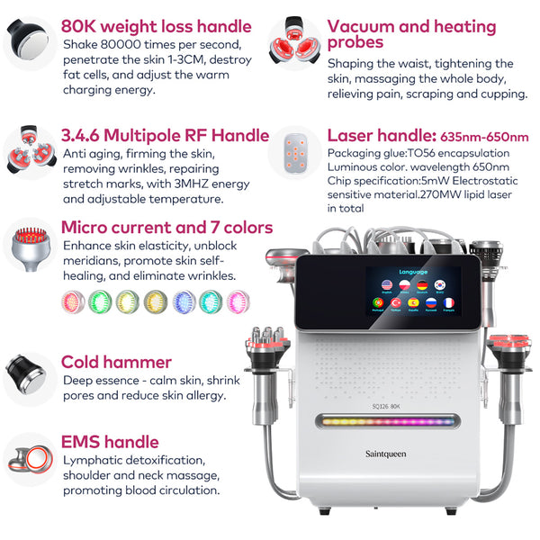 SQ126A Max – 11-i-1 80K kavitasjonsapparat med lipolaser, RF og EMS