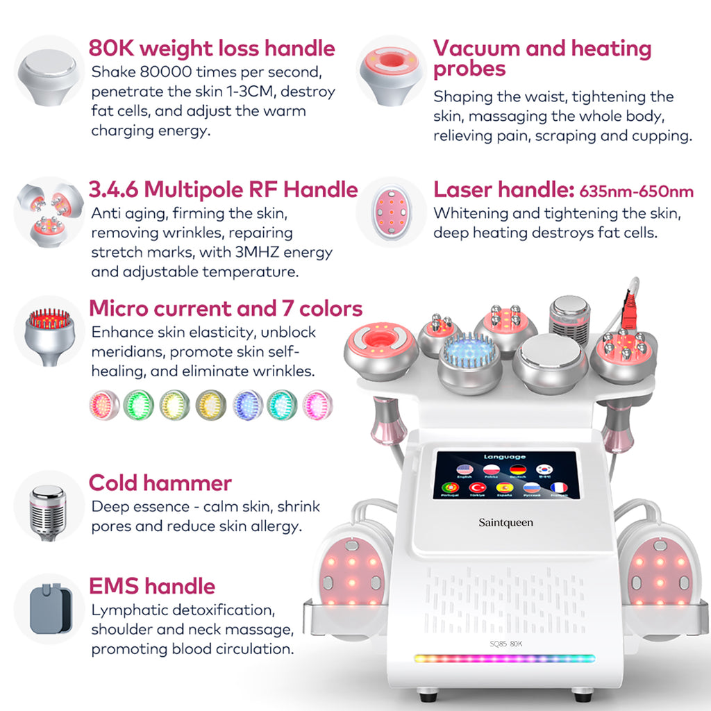 SQ85E Plus – 9-i-1 80K kavitasjonsapparat med RF, mikrostrøm og EMS-laserplate