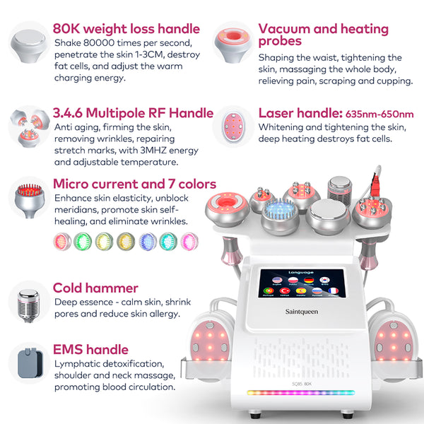 SQ85E Plus – 9-i-1 80K kavitasjonsapparat med RF, mikrostrøm og EMS-laserplate