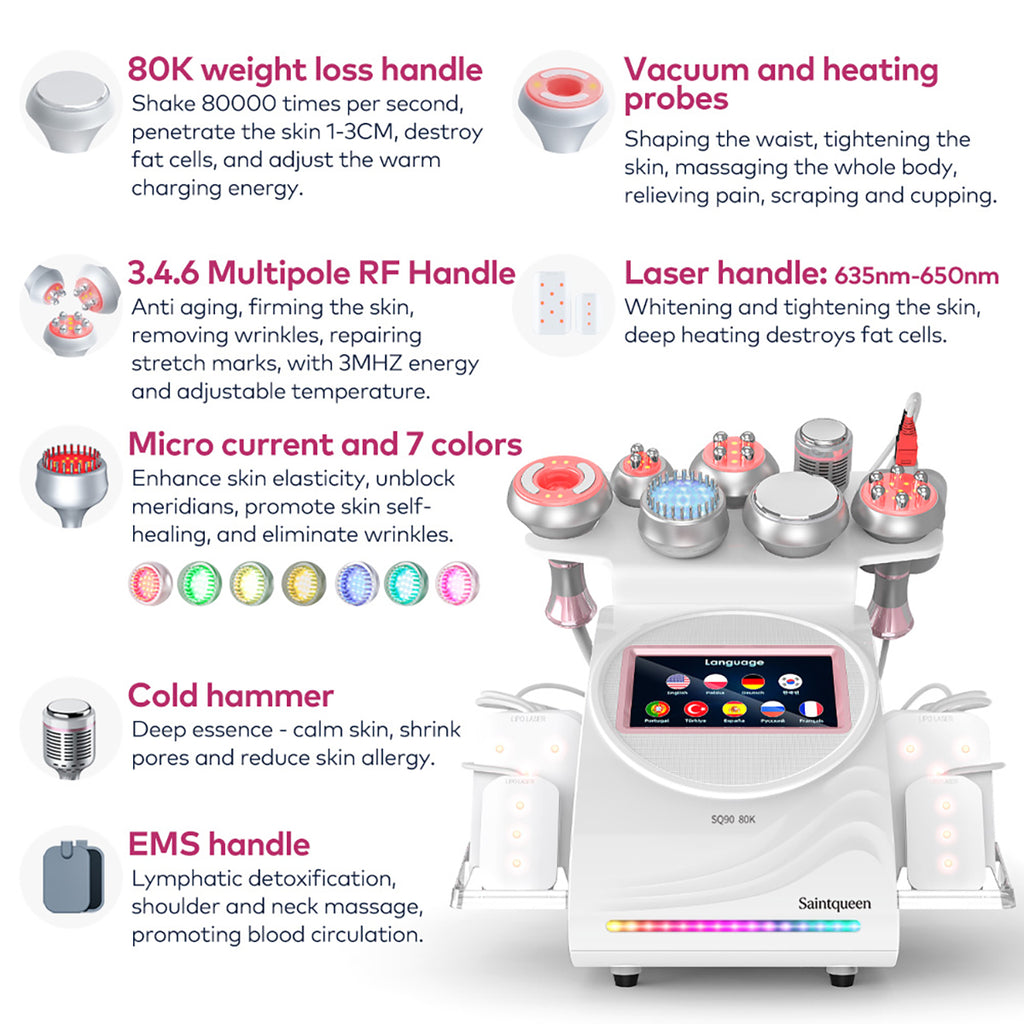 SQ90D Plus – 9-i-1 80K kavitasjonsapparat med RF, laser og mikrostrøm