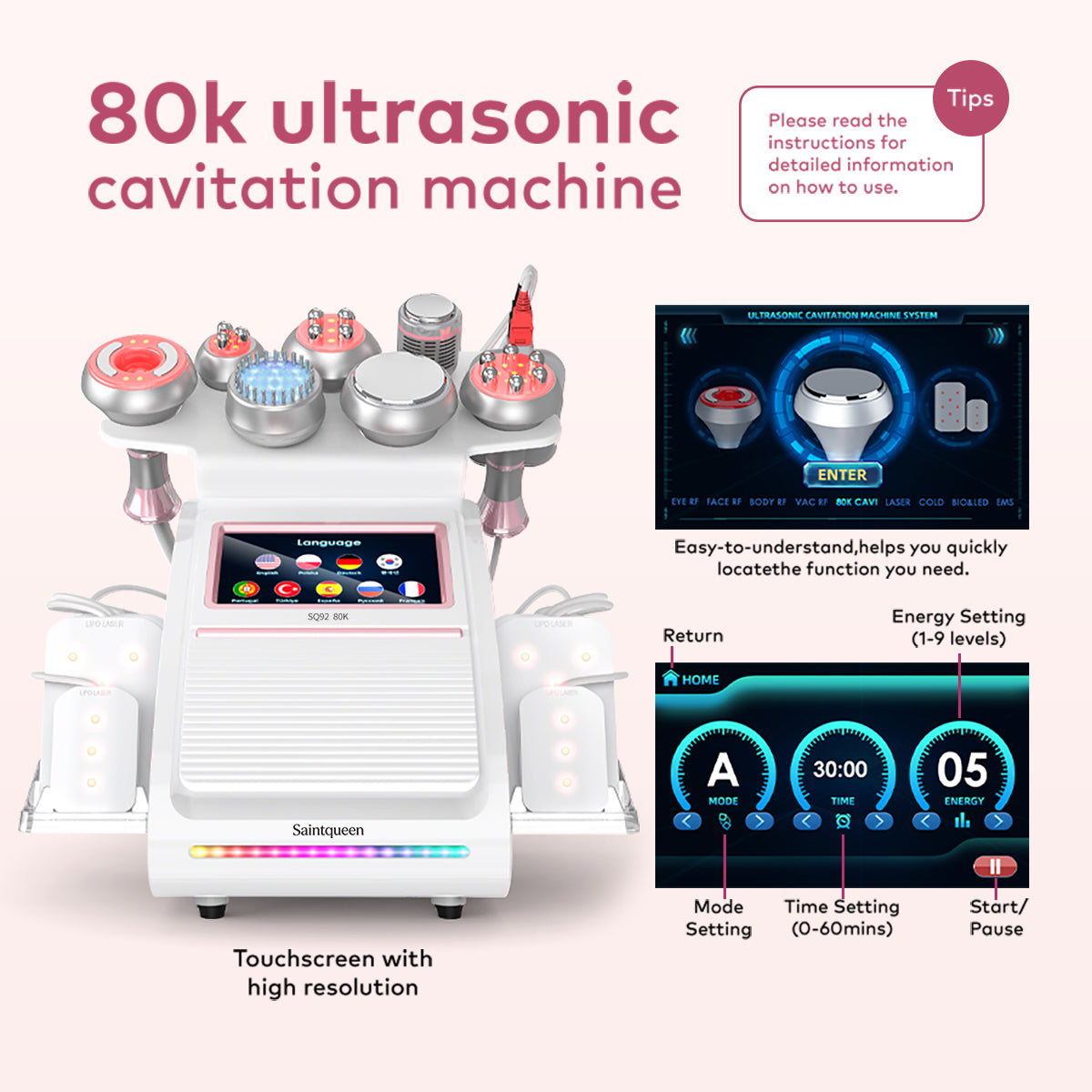 SQ92D Plus – 9-i-1 80K kavitasjonsapparat med RF, laser og mikrostrøm