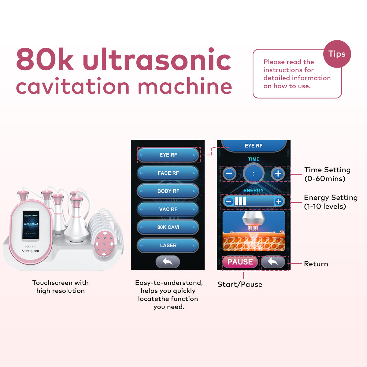 SQ121B Pro – 6-i-1 80K kavitasjonsapparat med RF, vakuum og laser/EMS-puter