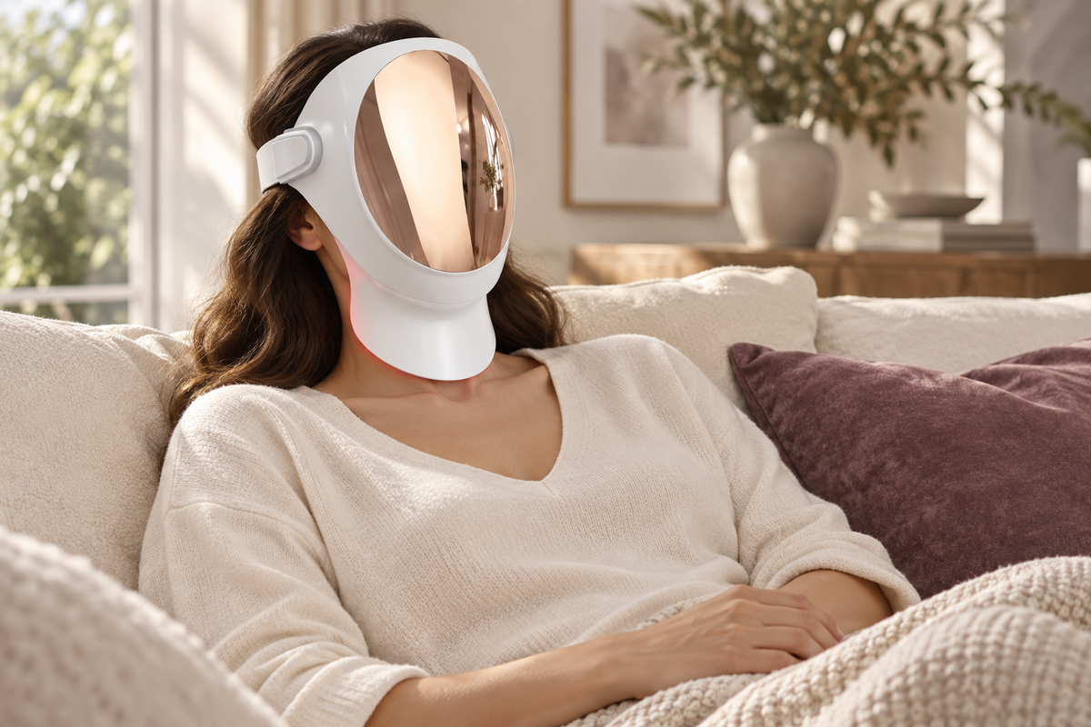 Woman resting at home wearing the SQ107 LED face mask